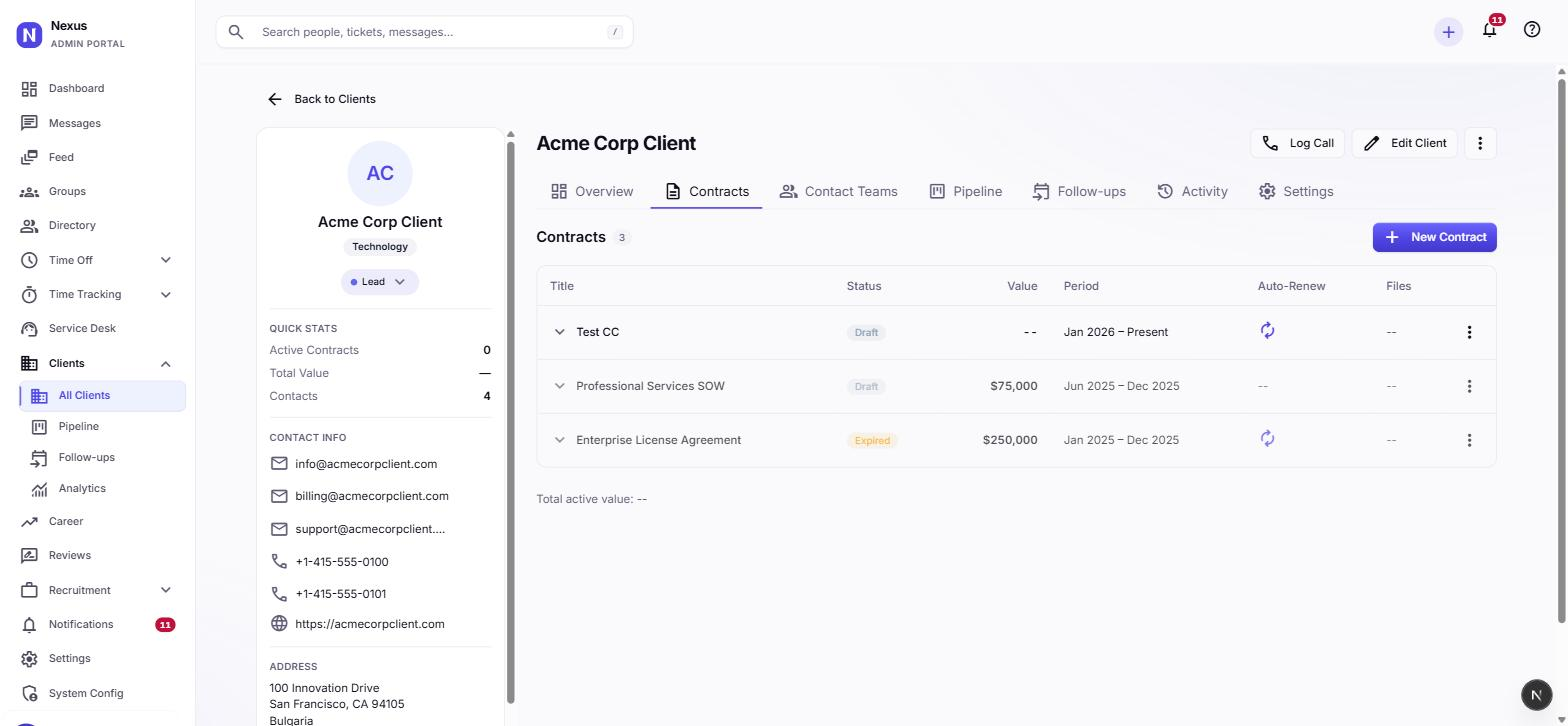 Client contracts with values and terms