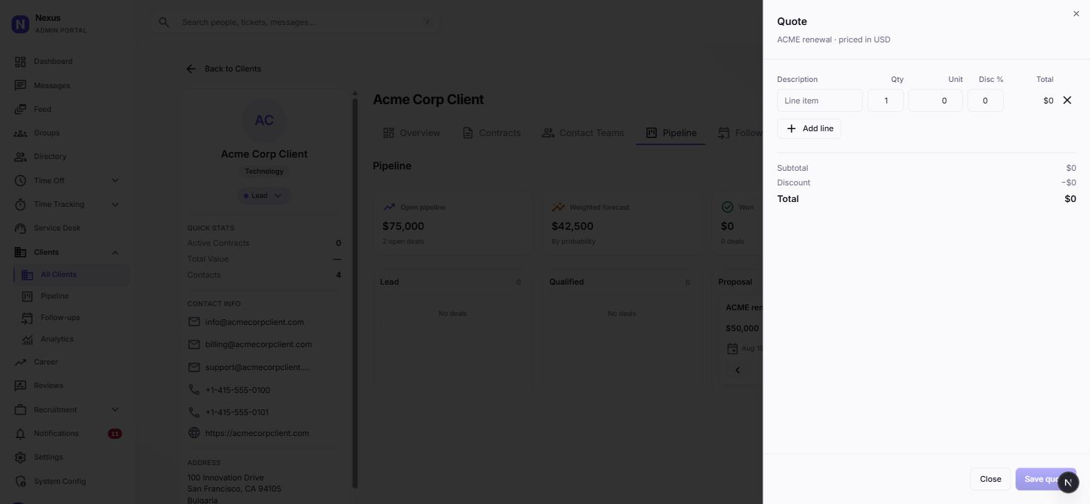 Quote builder opened from a pipeline deal