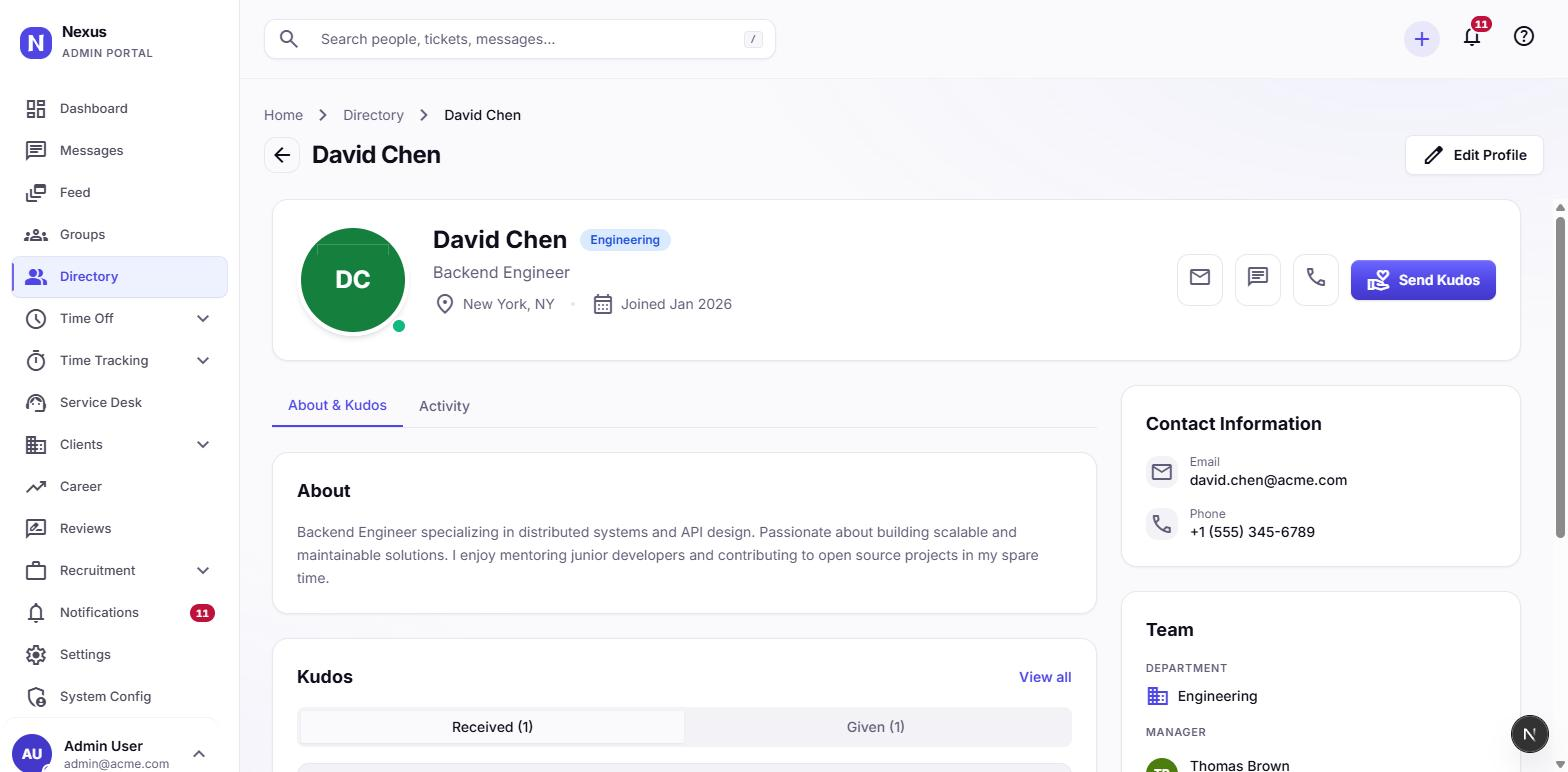 Employee profile with bio, kudos, and activity