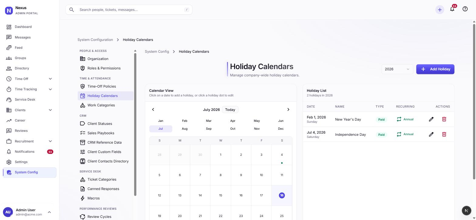 Holiday calendar configuration