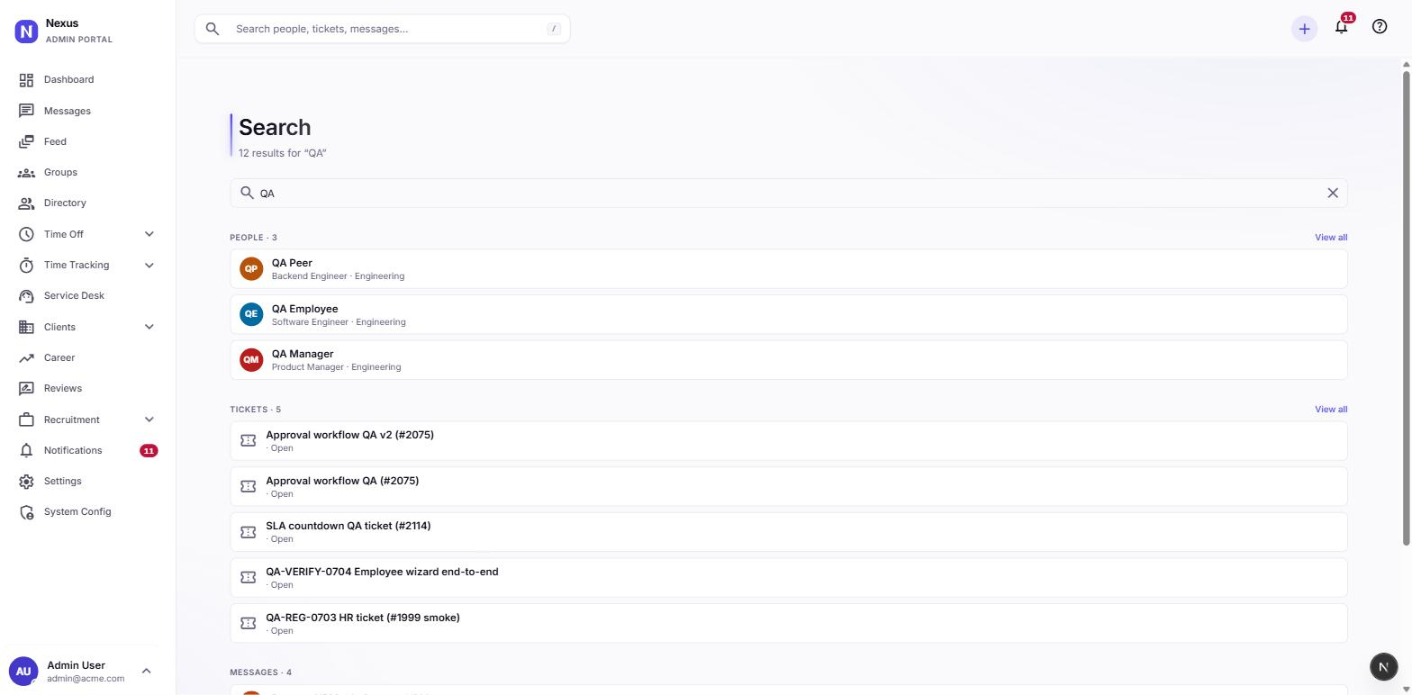 Unified search across people, tickets, and messages